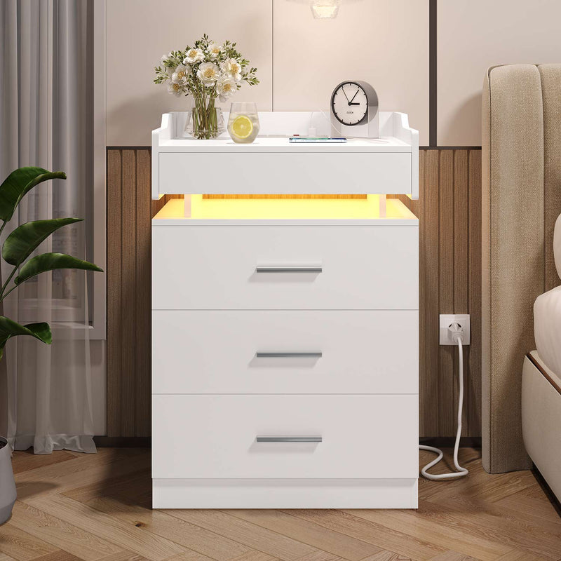Sikaic Nightstand LED Nightstand with Charging Station Hutch Drawers White