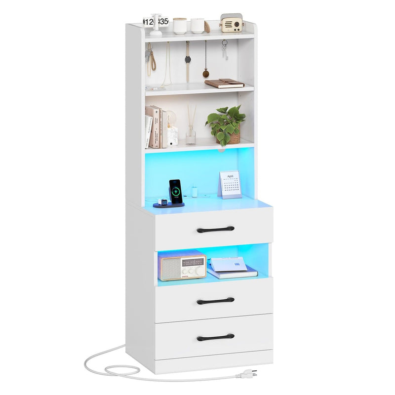 Sikaic Nightstand LED Tall Nightstand with Charging Station 3 Drawers And Bookshelf  White