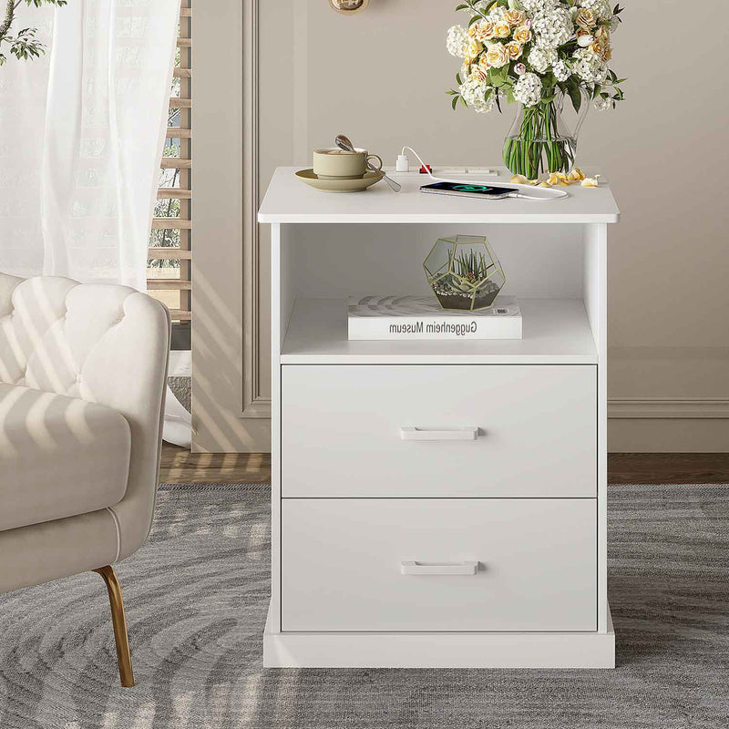 Sikaic Nightstand Nightstand with Charging Station 2 Storage Drawer and Open Cubby White