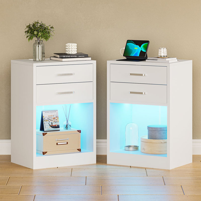 Sikaic Nightstand 2Pcs LED Nightstands with Charging Station Power Outlets & Drawers White