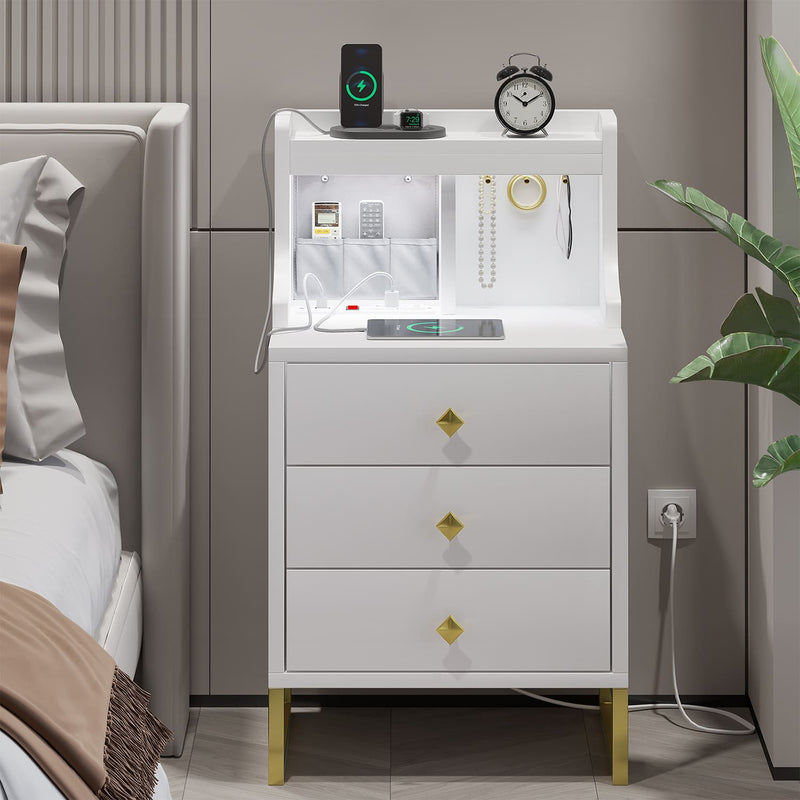 Sikaic Nightstand Nightstand with Charging Station and Sensor Light White