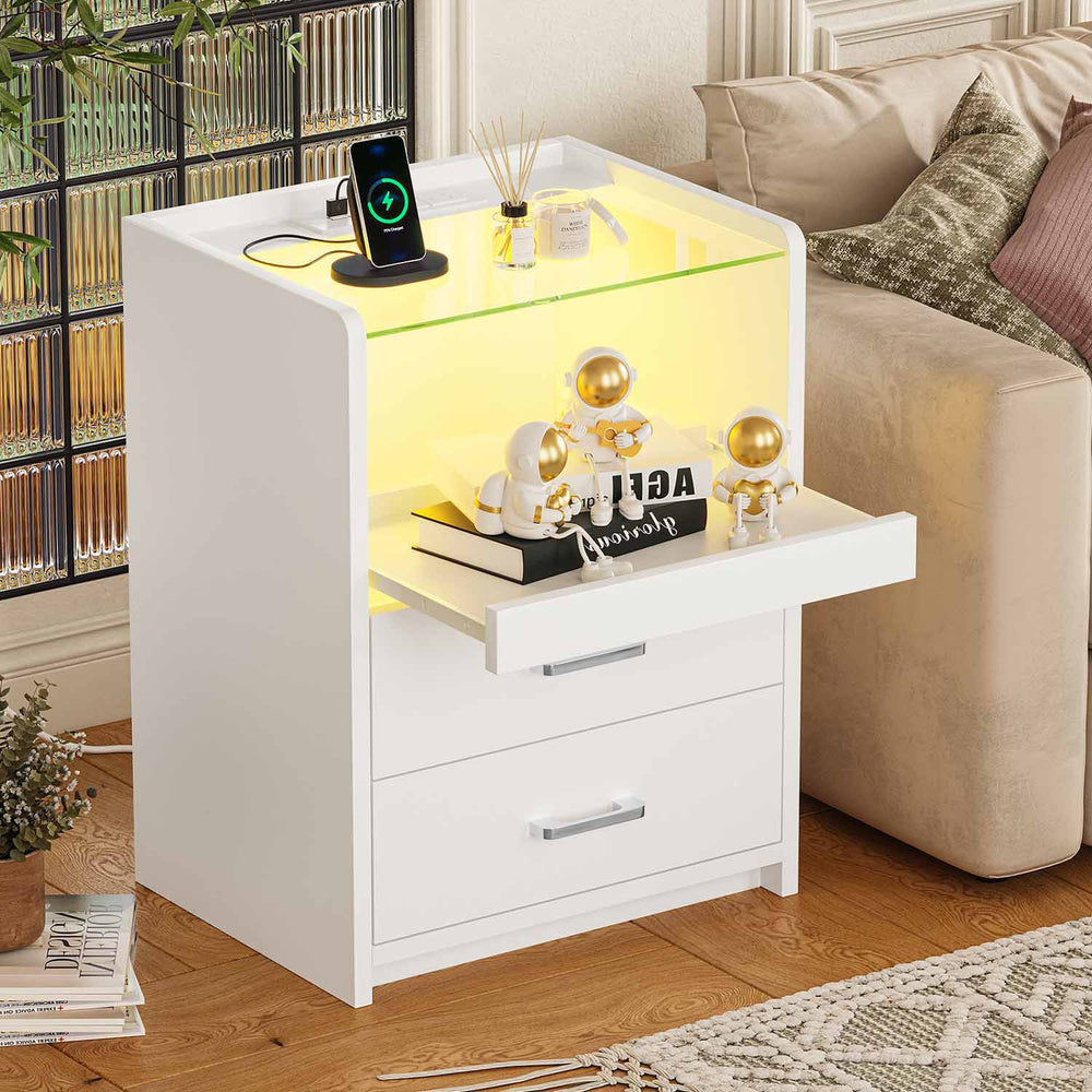 Sikaic Nightstand LED Nightstand with Charging Station Drawers White