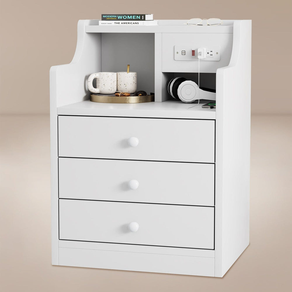 Sikaic Nightstand Nightstand with Charging Station 6 Storage Drawers White White / Wood / Modern