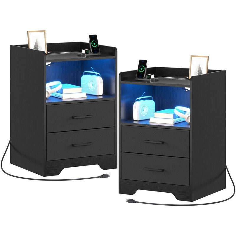 Sikaic Nightstands 2PCS LED Nightstands with Charging Station and Storage Drawers Black
