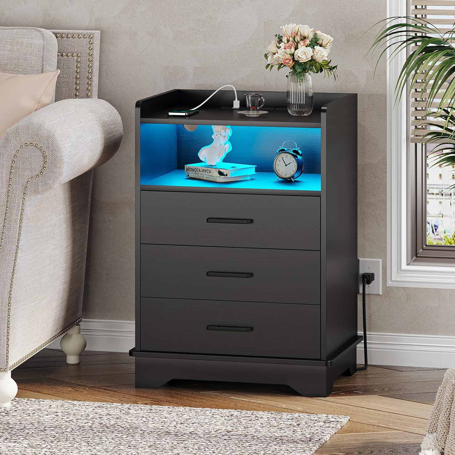 Sikaic LED Nightstand with Drawers and Open Storage Black