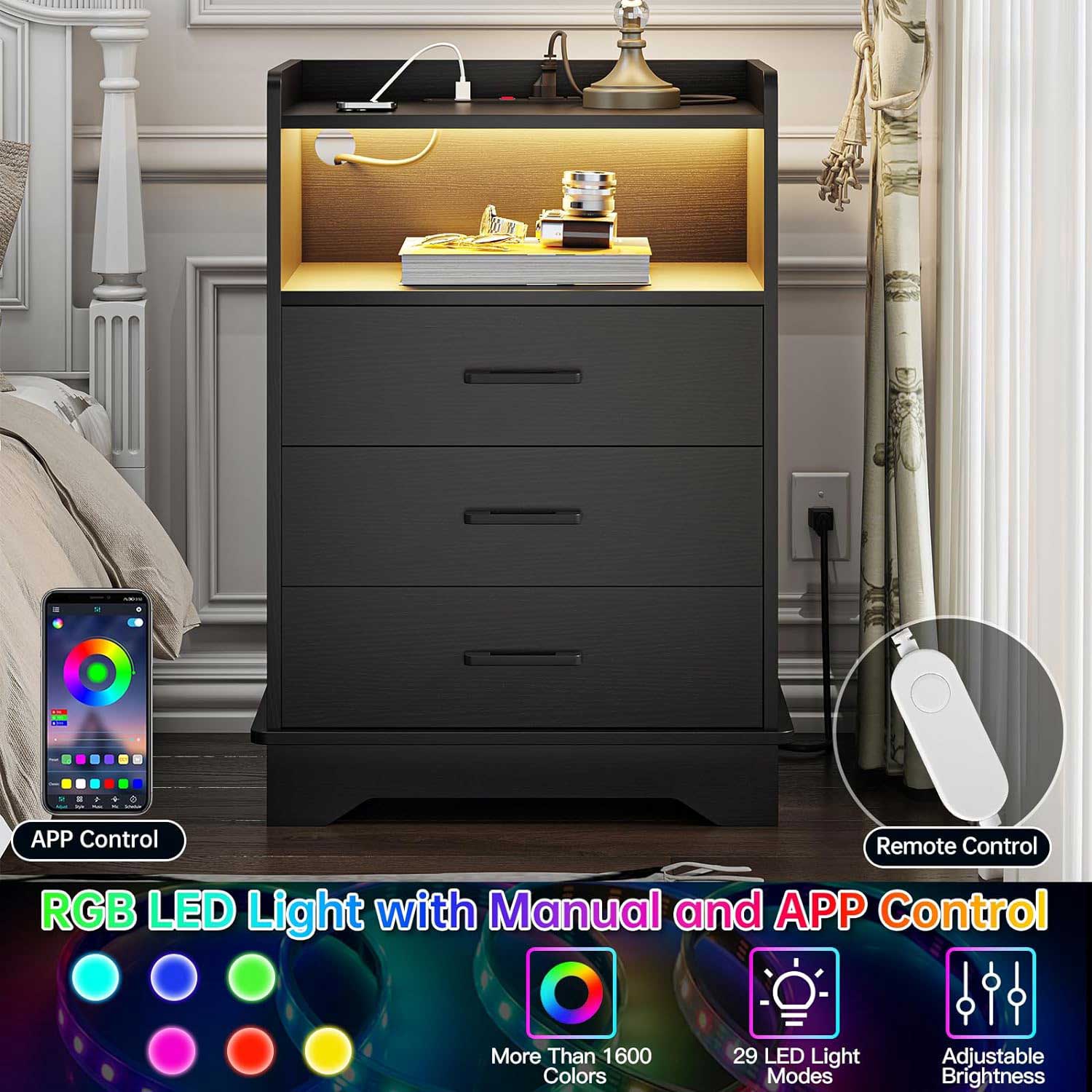 Sikaic LED Nightstand with Drawers and Open Storage Black