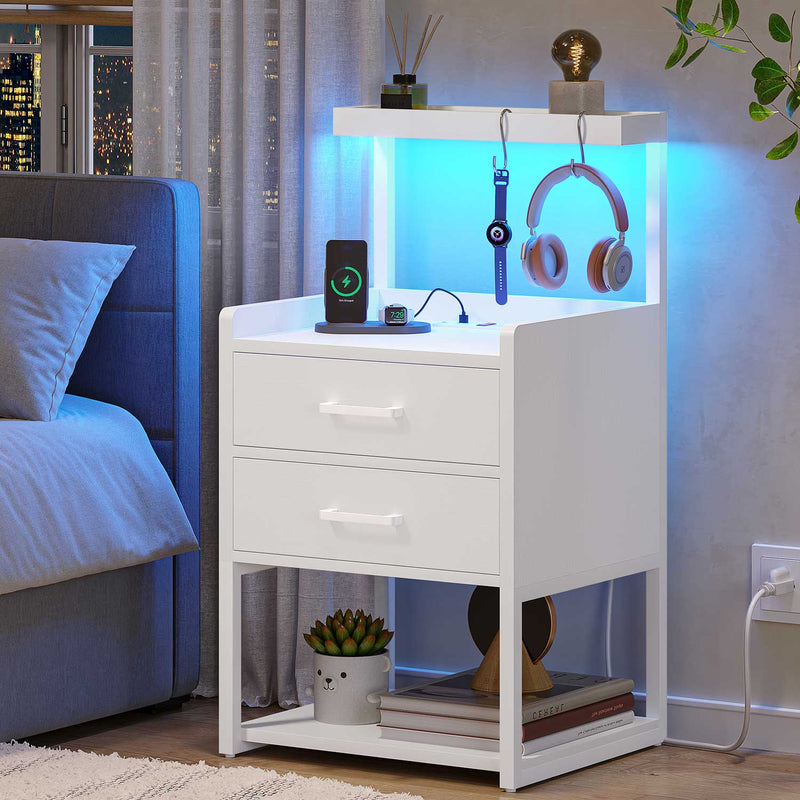 Sikaic Nightstands LED Nightstand with Charging Station Drawers Storage Shelves White