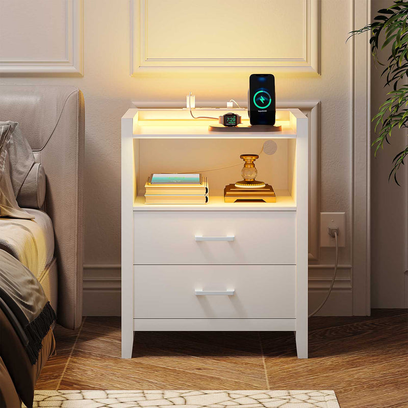 Sikaic Nightstands LED Nightstand with Charging Station 2 Drawers and Open Storage White