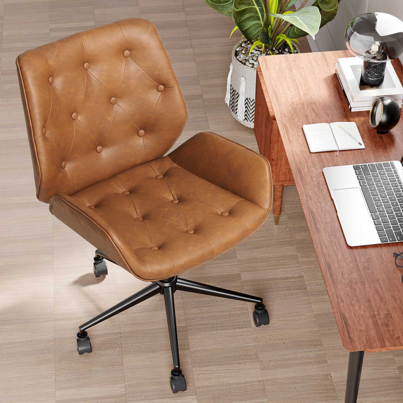 Sikaic Office Chairs Armless Leather Office Chair with Wheels 40° Tiltable Backrest Brown