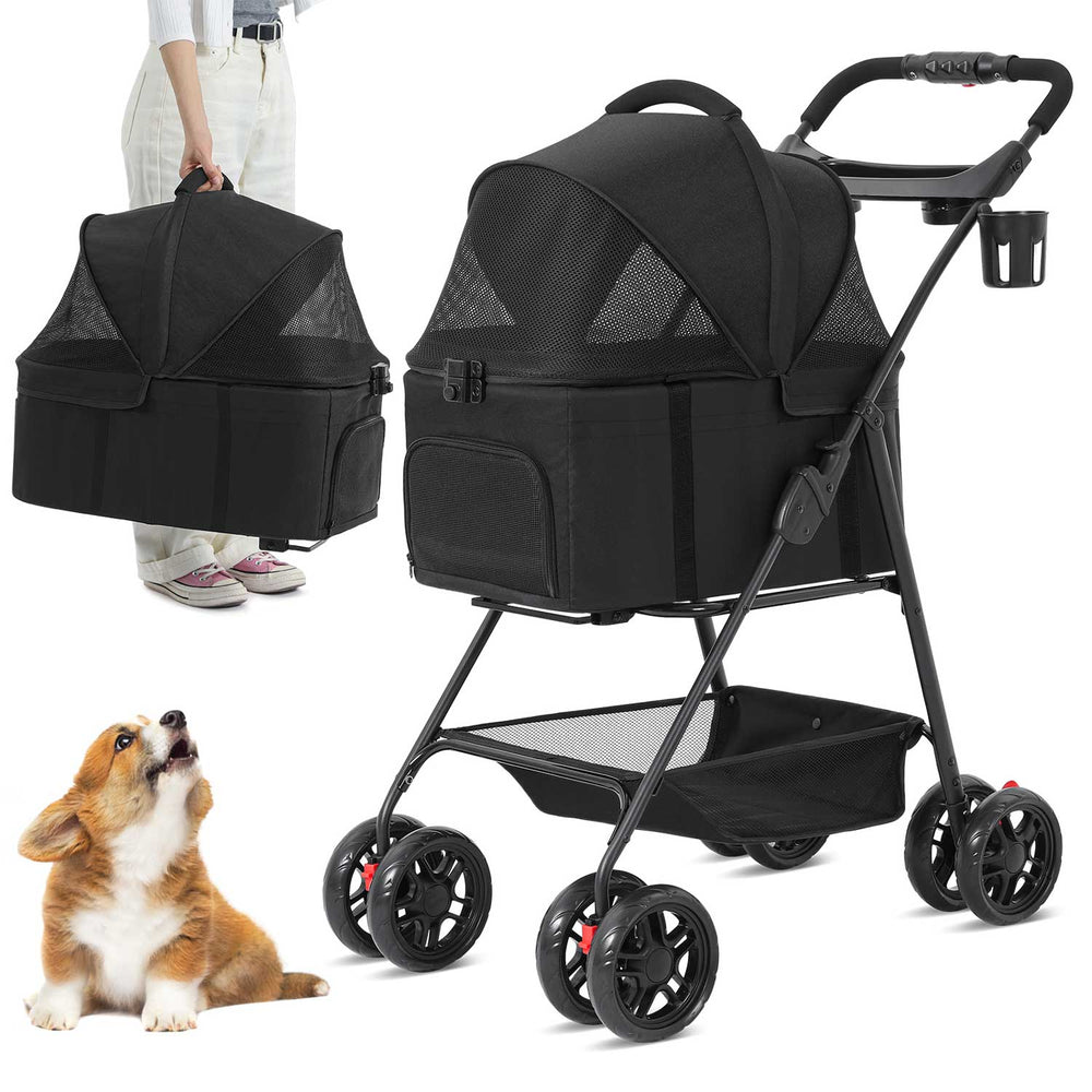 Sikaic Pet Stroller 3 in 1 4 Wheels Folding Pet Stroller with Removable Travel Carrier Push Button Entry Storage Basket Cup Holder Black