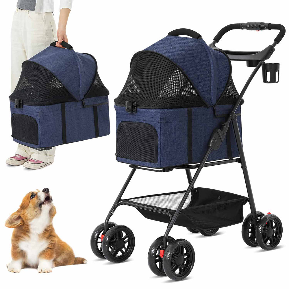 Sikaic Pet Stroller 3 in 1 4 Wheels Folding Pet Stroller with Removable Travel Carrier Push Button Entry Storage Basket Cup Holder Navy Blue