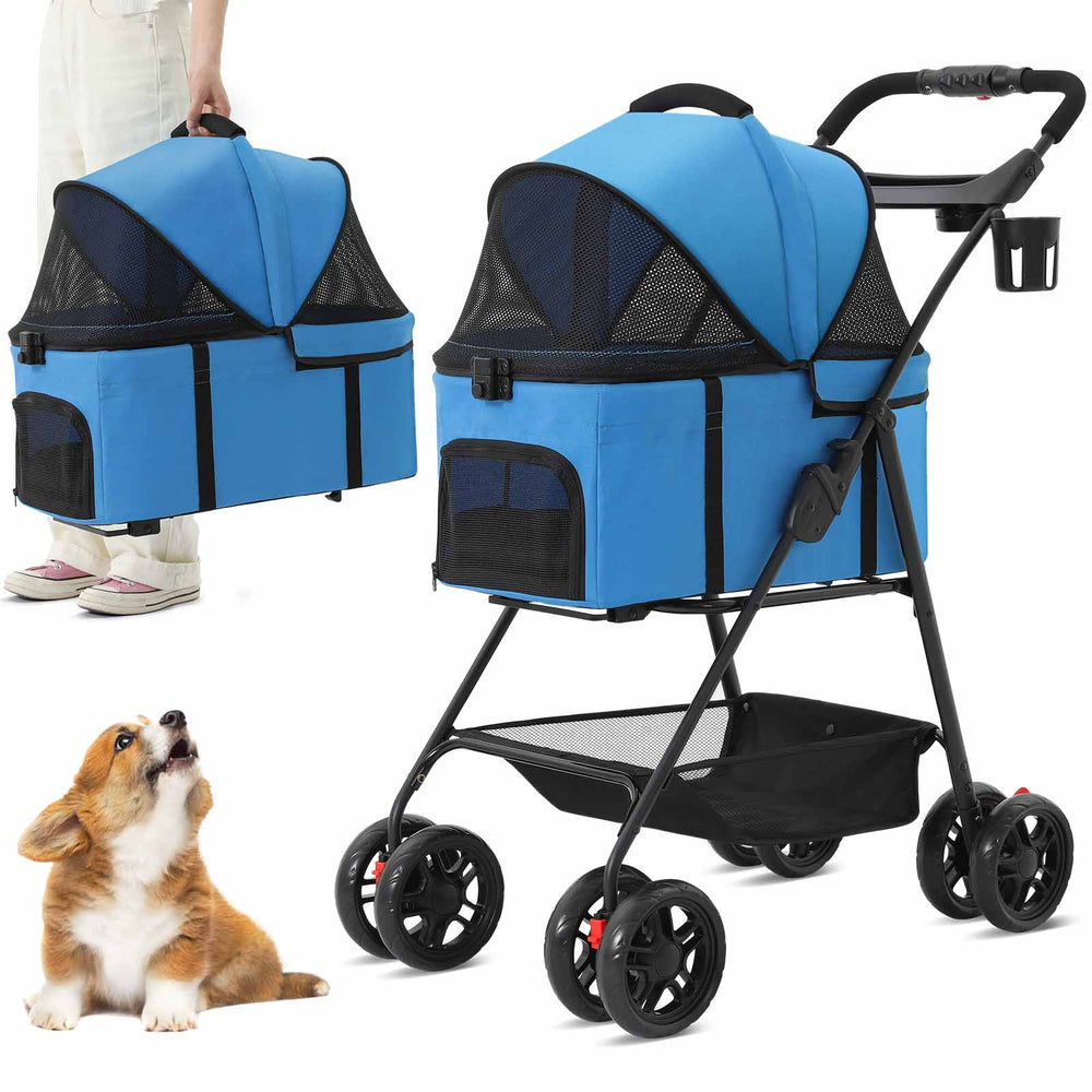 Sikaic Pet Stroller 3 in 1 4 Wheels Folding Pet Stroller with Removable Travel Carrier Push Button Entry Storage Basket Cup Holder Sky Blue