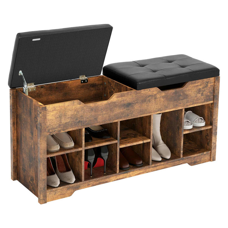 Sikaic Shoe Benches 10 Adjustable Cubbies Shoe Organizer Bench with Cushion Seat and 2 Lift Top Storage Boxes Brown