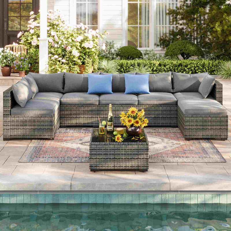 Sikaic Sofa 8PCS 7 Person Rattan Outdoor Sectional Sofa Seating Group Storage Table Set Blue Grey Blue Grey / Metal / Modern