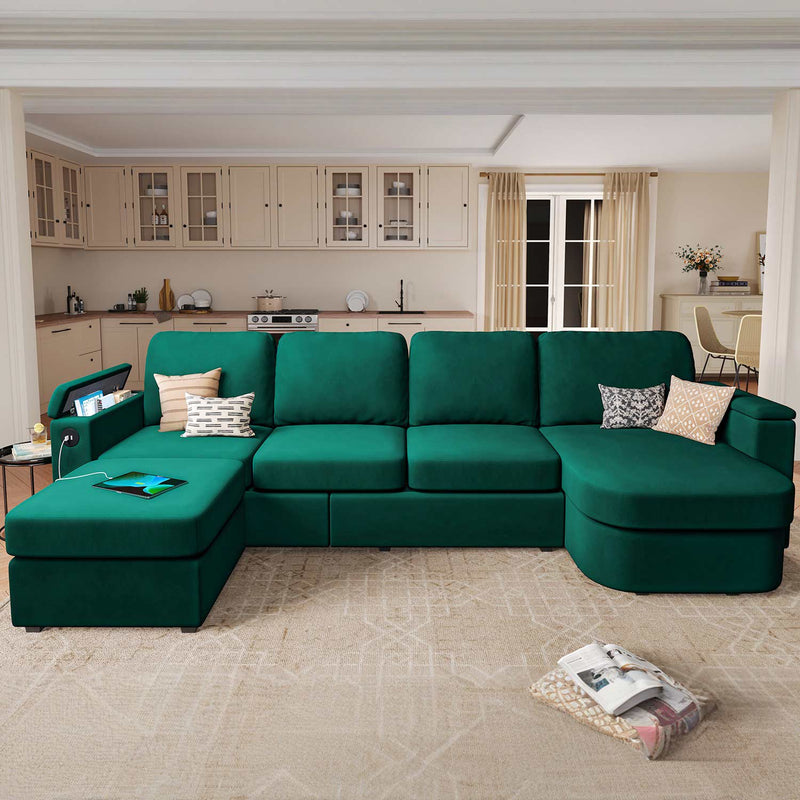 Sikaic Sofa 120 inches U Shaped Sectional Velvet Sofa Couch with Storage Seat Convertible Sofa with Reversible Chaises and Ottomans Green