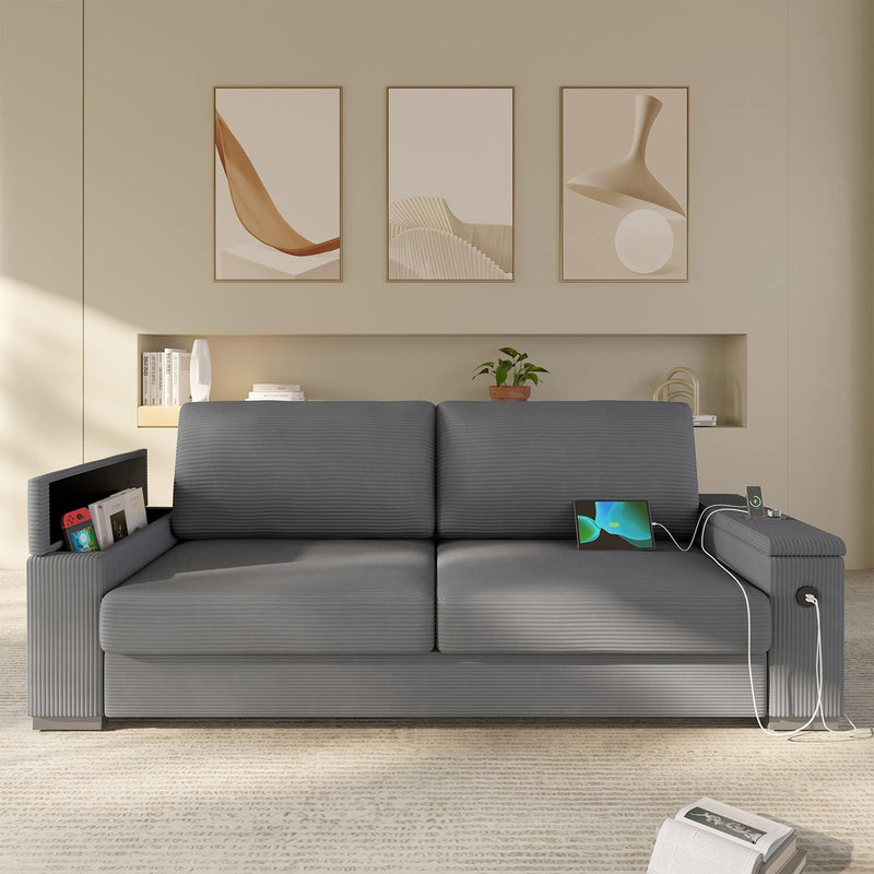 Sikaic Sofa Oversized Loveseat Corduroy Sofas with Extra Deep Seats Storage and 2 USB Charging Ports Removable Sofa Grey