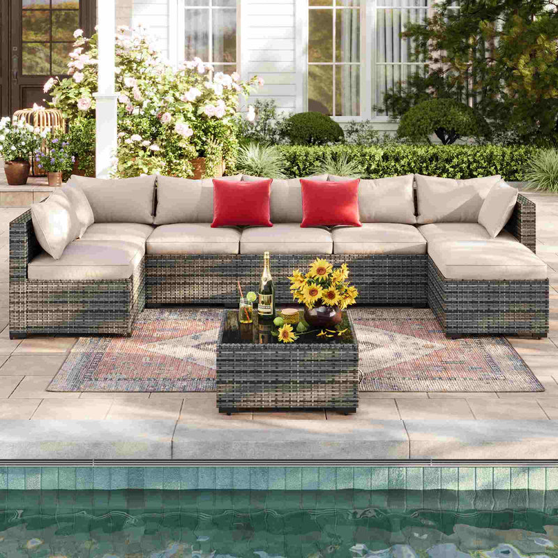 Sikaic Sofa 8PCS 7 Person Rattan Outdoor Sectional Sofa Seating Group Storage Table Set Red Beige Red Beige / Metal / Modern