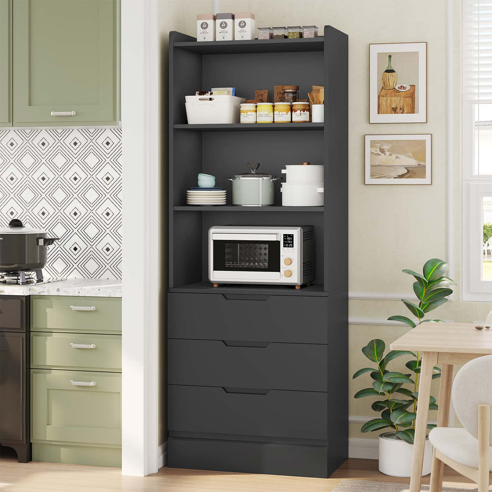 Sikaic Storage Cabinet 73 Inches Versatile Tall Cabinet with 3 Drawers and 3-Tier Open Shelves Black