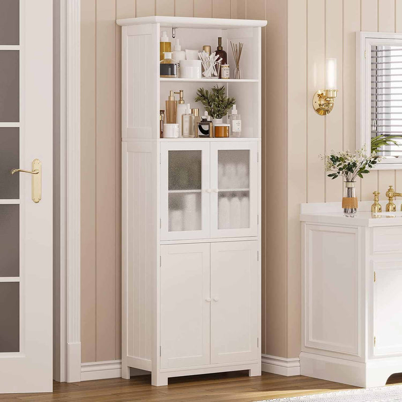 Sikaic Storage Cabinet 64 Inches Linen Tall Storage Cabinet with 2 Doors 2 Open Compartments & Adjustable Shelves White