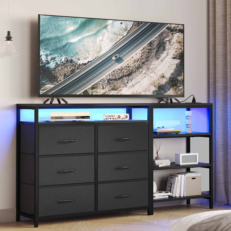 Sikaic TV Stands Corner L Shaped LED TV Stand Convertible Dresser with Charging Station and Open Shelf & PU Finish Drawers for Living Room Black