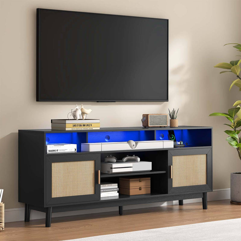 Sikaic TV Stands Rattan TV Stand TV Cabinet for 75 Inch TV with Adjustable Shelf Storage Black