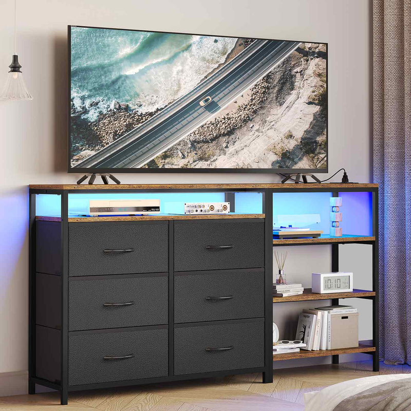 Sikaic TV Stands Corner L Shaped LED TV Stand Convertible Dresser with Charging Station and Open Shelf & PU Finish Drawers for Living Room Rustic Brown