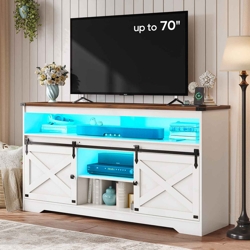 Sikaic TV Stands Farmhouse LED TV Stand Entertainment Center with Power Outlet and Storage Cabine for Living Room White White / Engineered Wood / Farmhouse