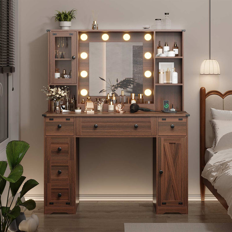 Sikaic Vanities 43 Inches Makeup Vanity with 3 Color Lighting Modes Mirror Charging Station Storage Brown