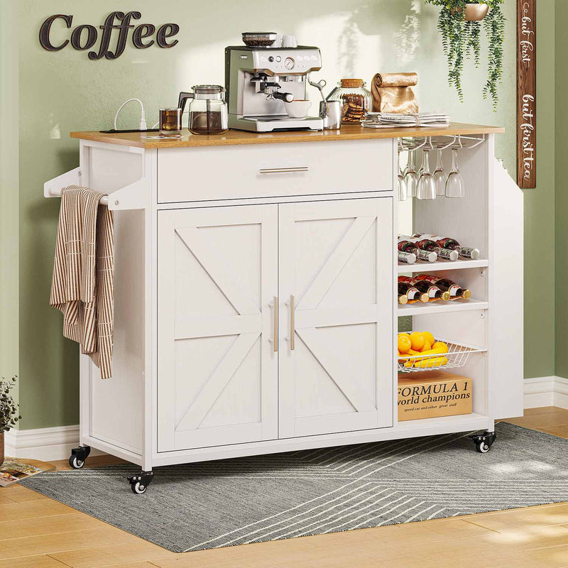 Sikaic Rolling Kitchen Island Cart with Power Outlet Spice Racks Storage Cabinet Wine Racks Goblet Rack Metal Basket and Towel Rack White