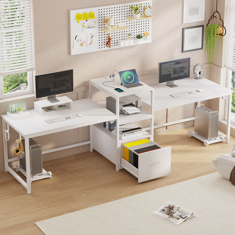 Sikaic 98" 2 Person Computer Desk with Storage Printer Shelf White