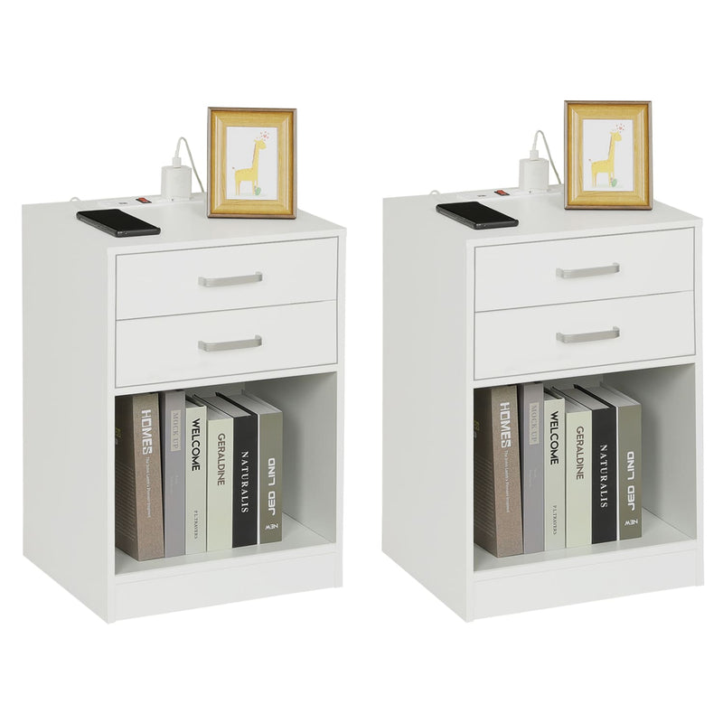 Sikaic 2Pcs Nightstand with Charging Station Drawers Bedside Table White