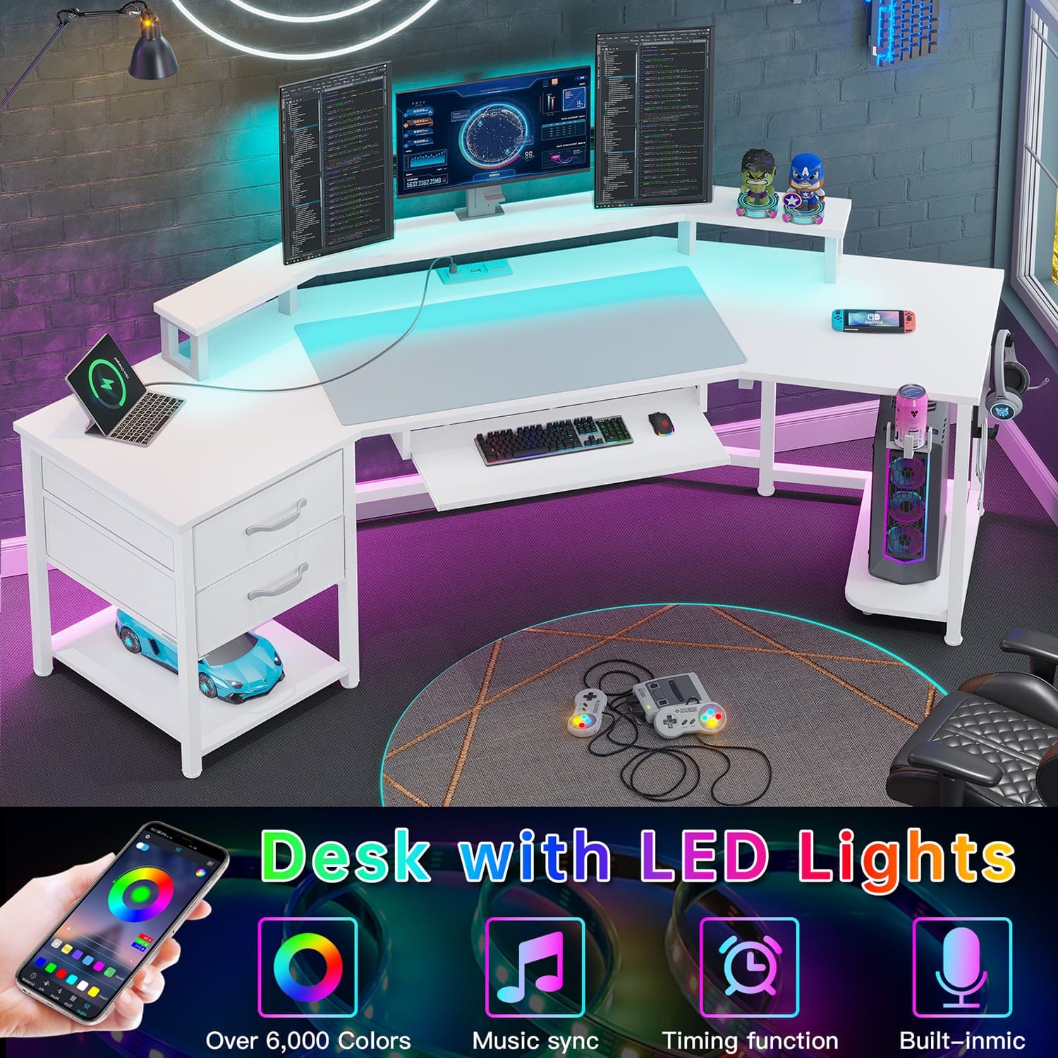 Carbon Fiber L Shaped Gaming Desk with LED Lights
