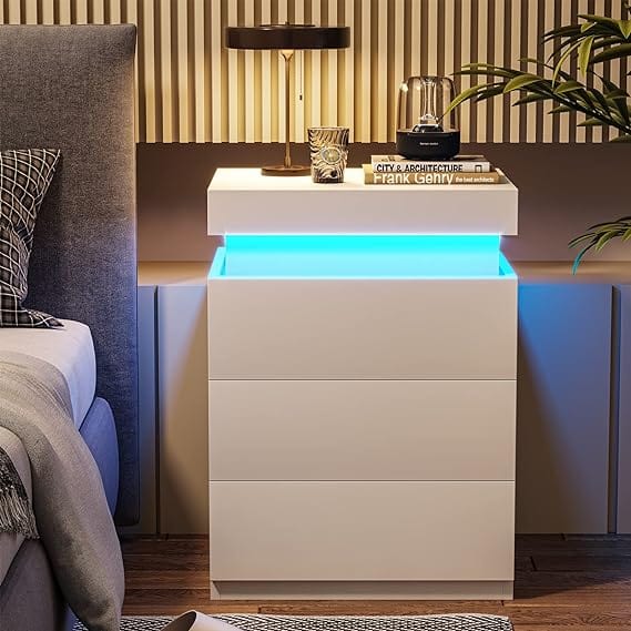 Sikaic Nightstand with Sliding Top Charging Station and LED Lights White