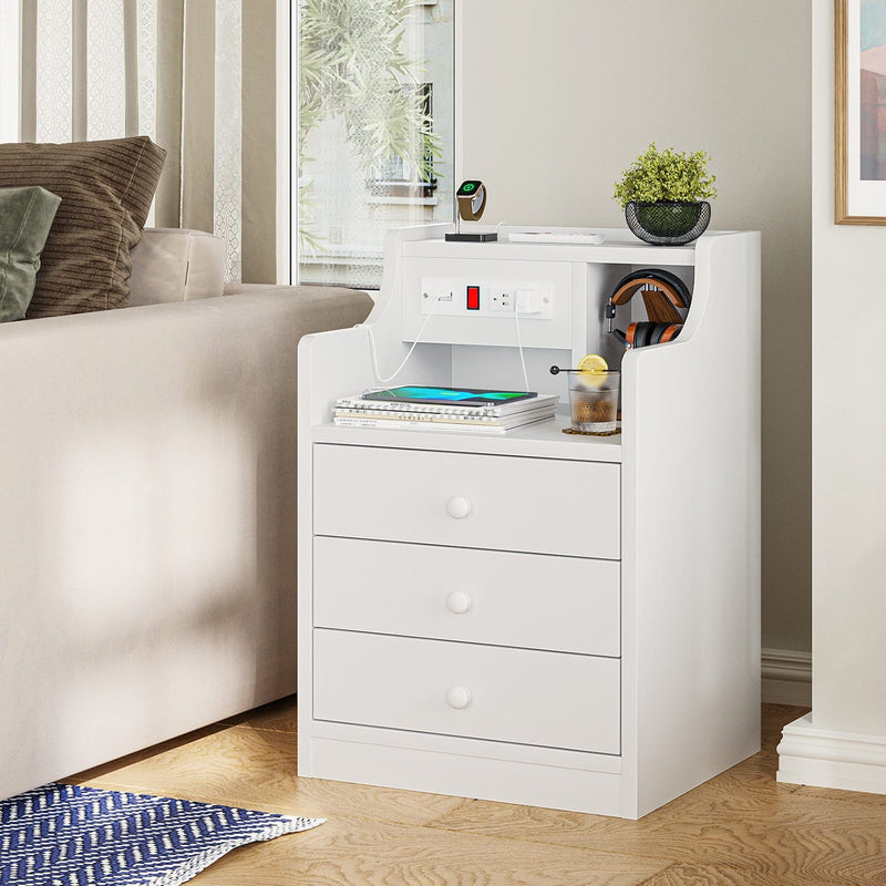 Sikaic Nightstand with Charging Station Hutch & Storage Drawers White