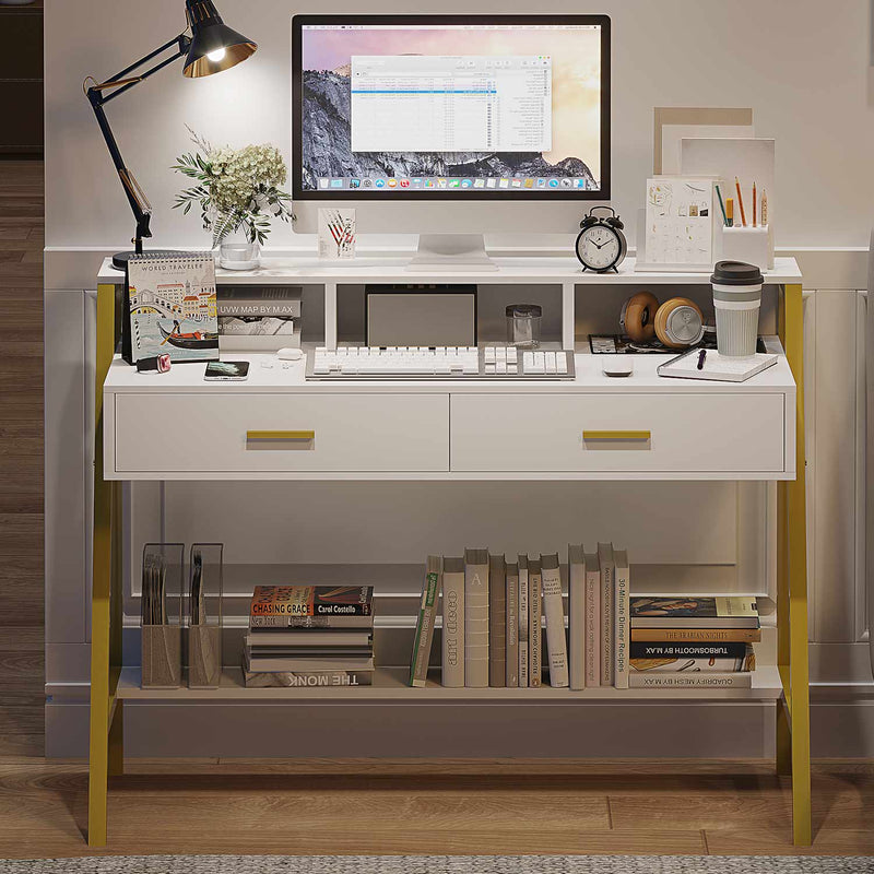 Sikaic Writing Desk Computer Desk with Drawers Monitor Stand Built-in Hutch White Gold